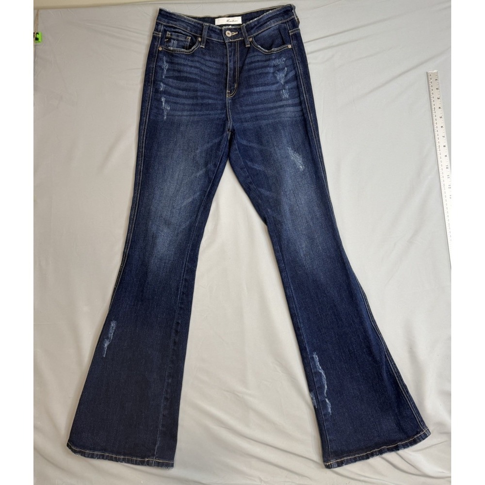 KanCan Women's High Rise Flare Size 26 Dark Wash Jeans, Blue Distressed Western